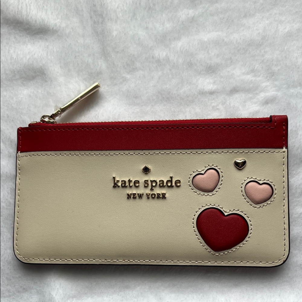 kate spade cream and red heart zip card pouch